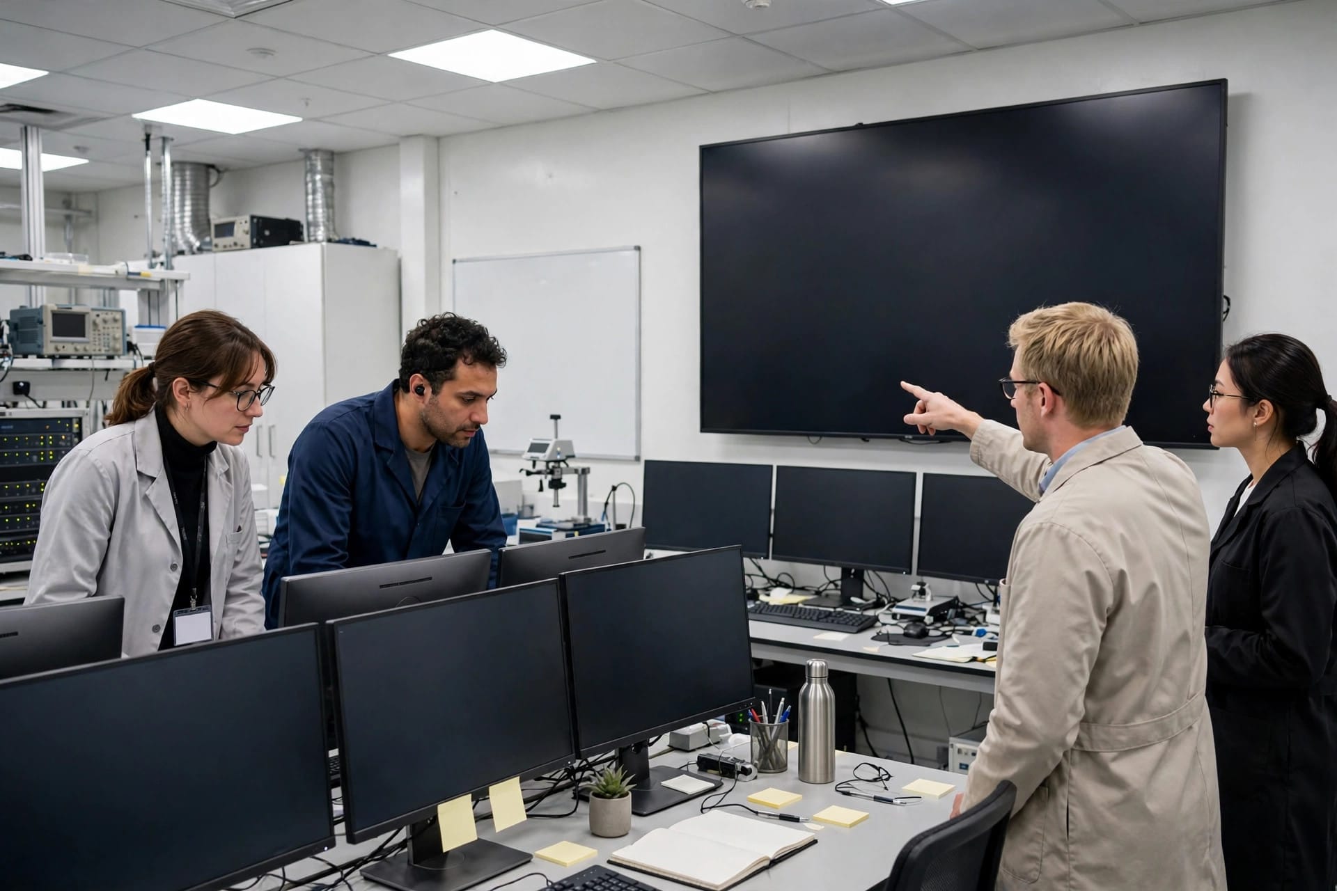 Researchers reviewing screens in an AI safety laboratory