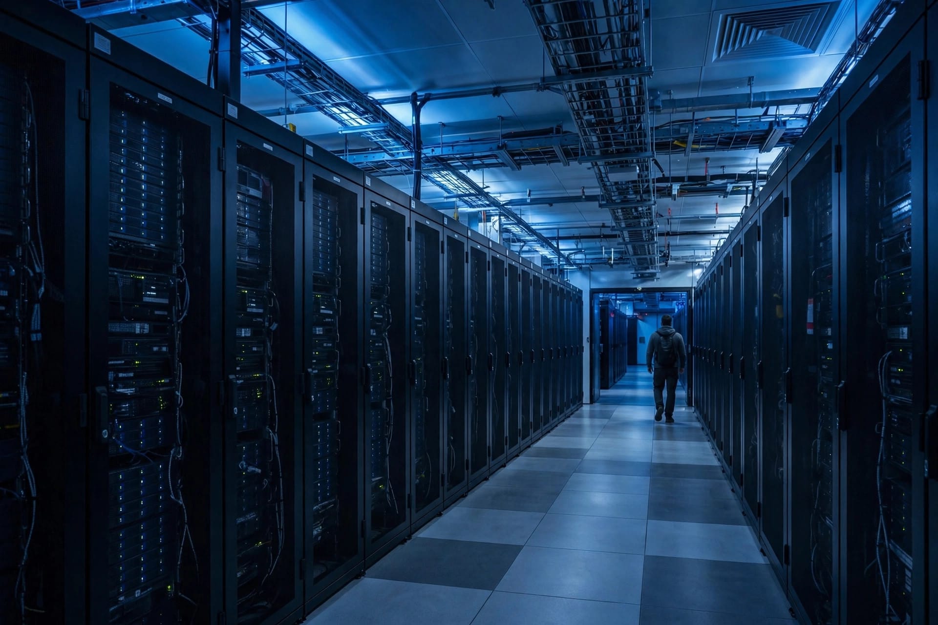 An engineer walking through a server room corridor