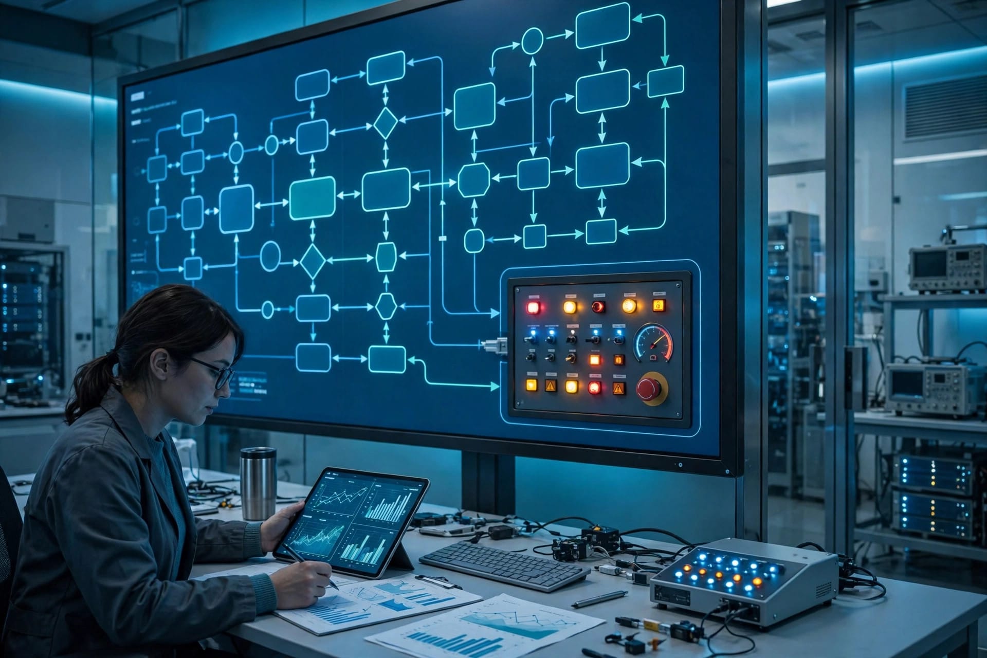 Researcher reviewing DeepSeek V4.1 Flash safety test results beside an AI system diagram and shutdown control panel