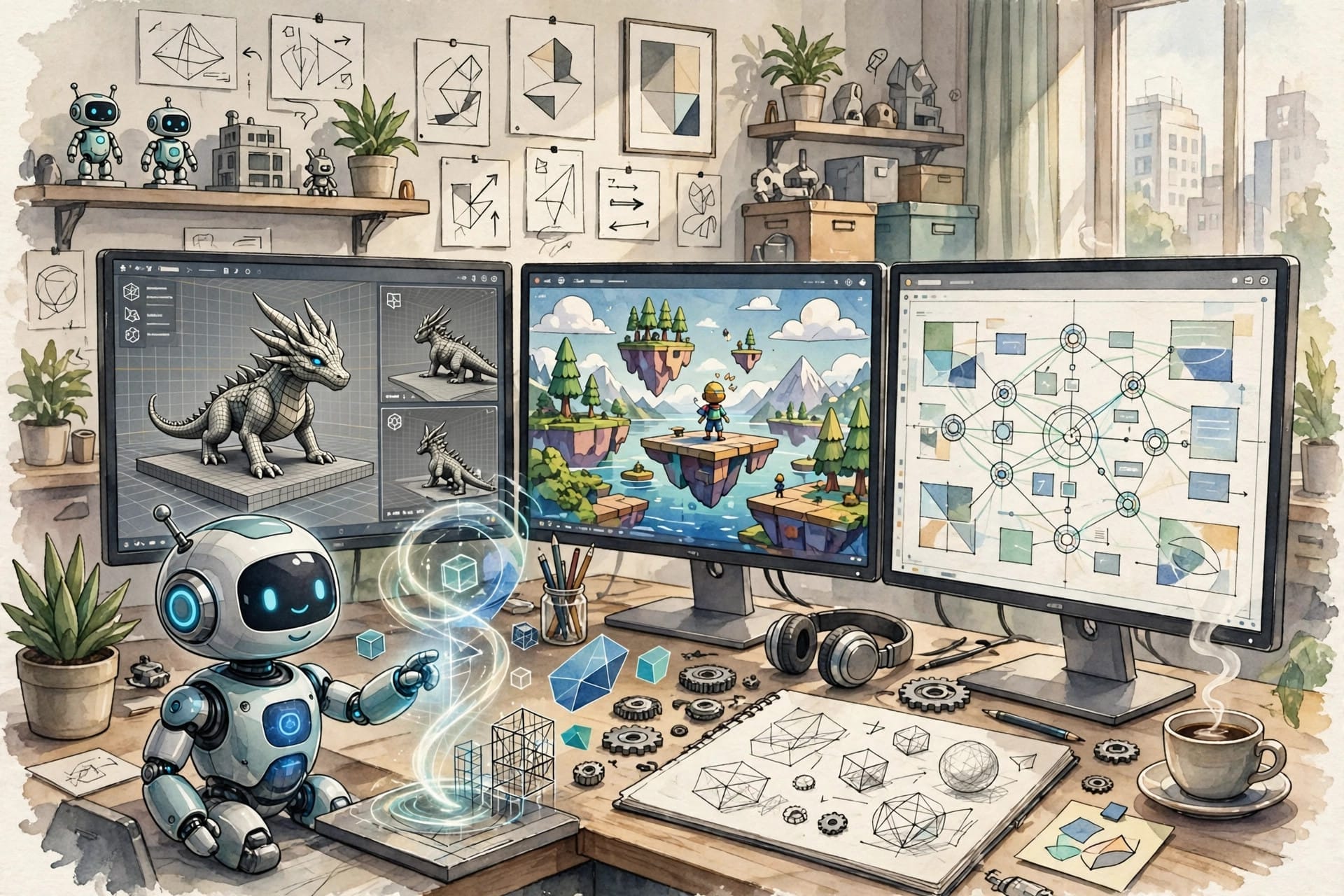 Developer workspace with an AI coding agent building a software project end to end