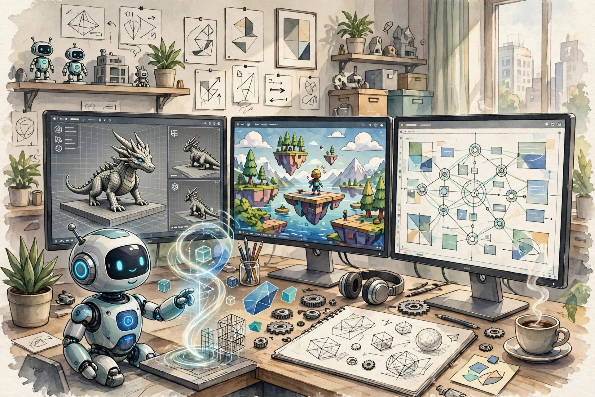 Developer workspace with an AI coding agent building a software project end to end