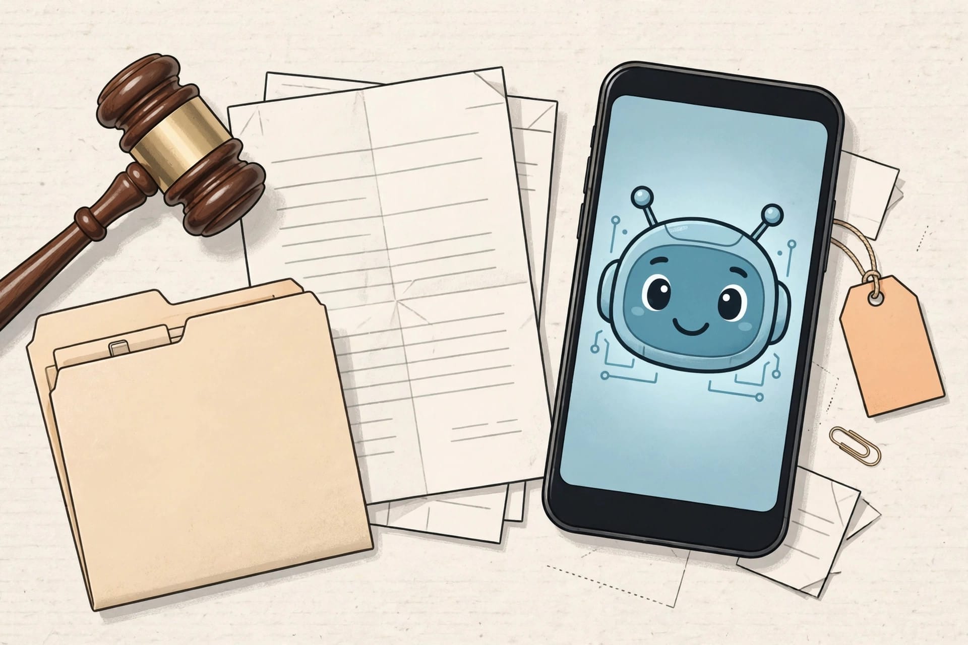 Bankruptcy court folder and gavel beside a phone showing a Character.AI chatbot face and a license contract