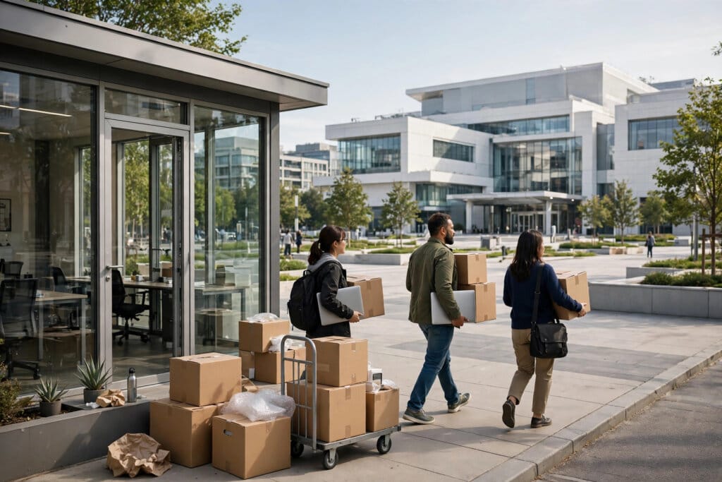 Character.AI employees carrying laptops from a small startup office toward a large entertainment studio