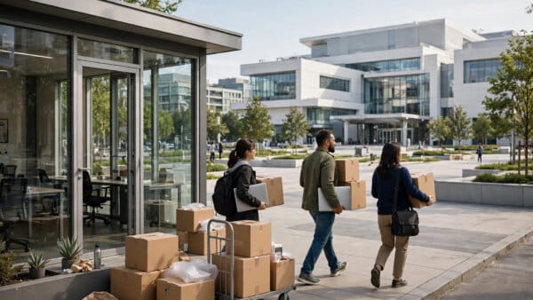Character.AI employees carrying laptops from a small startup office toward a large entertainment studio