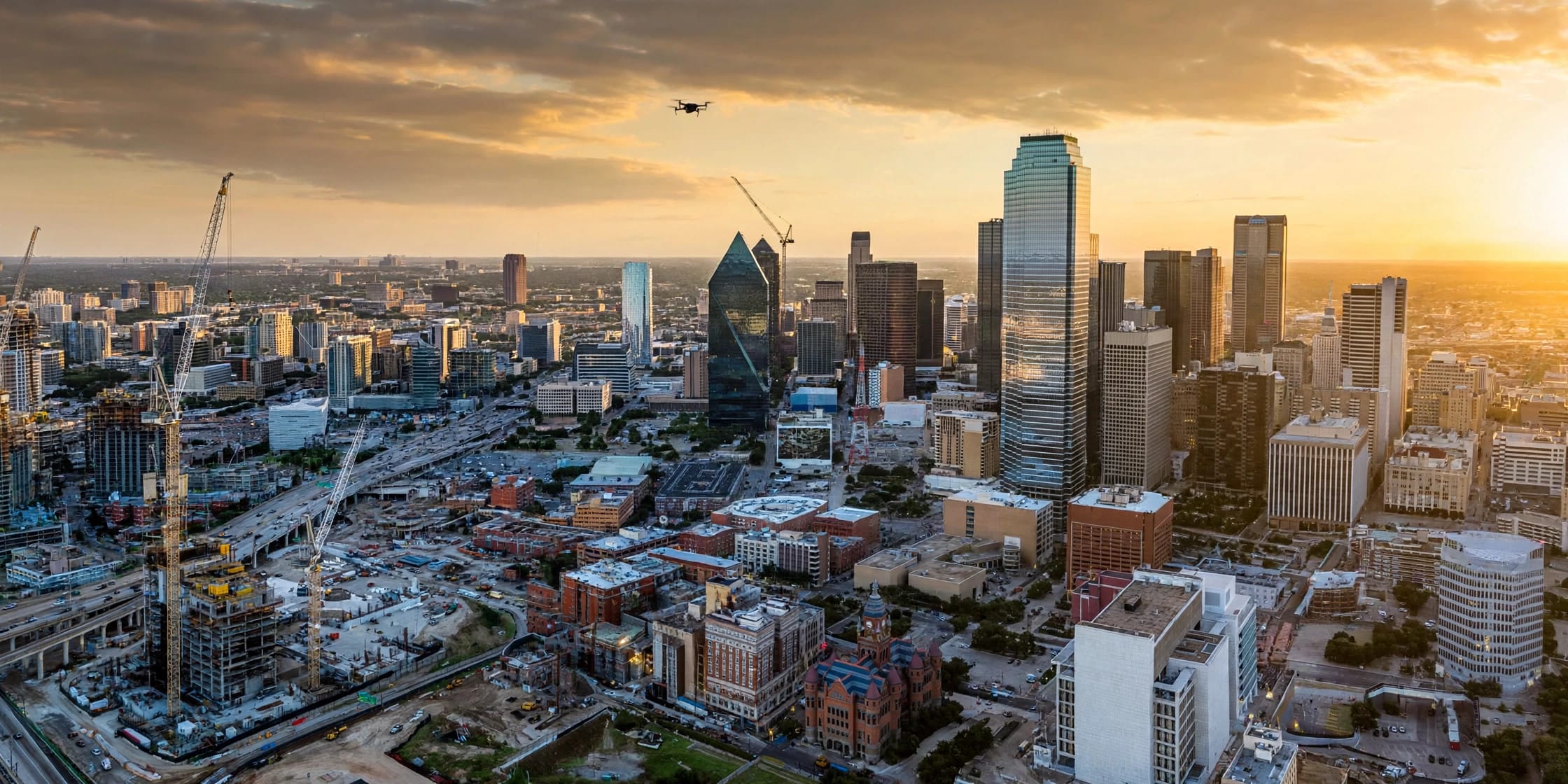 Modern downtown skyline at golden hour with construction cranes