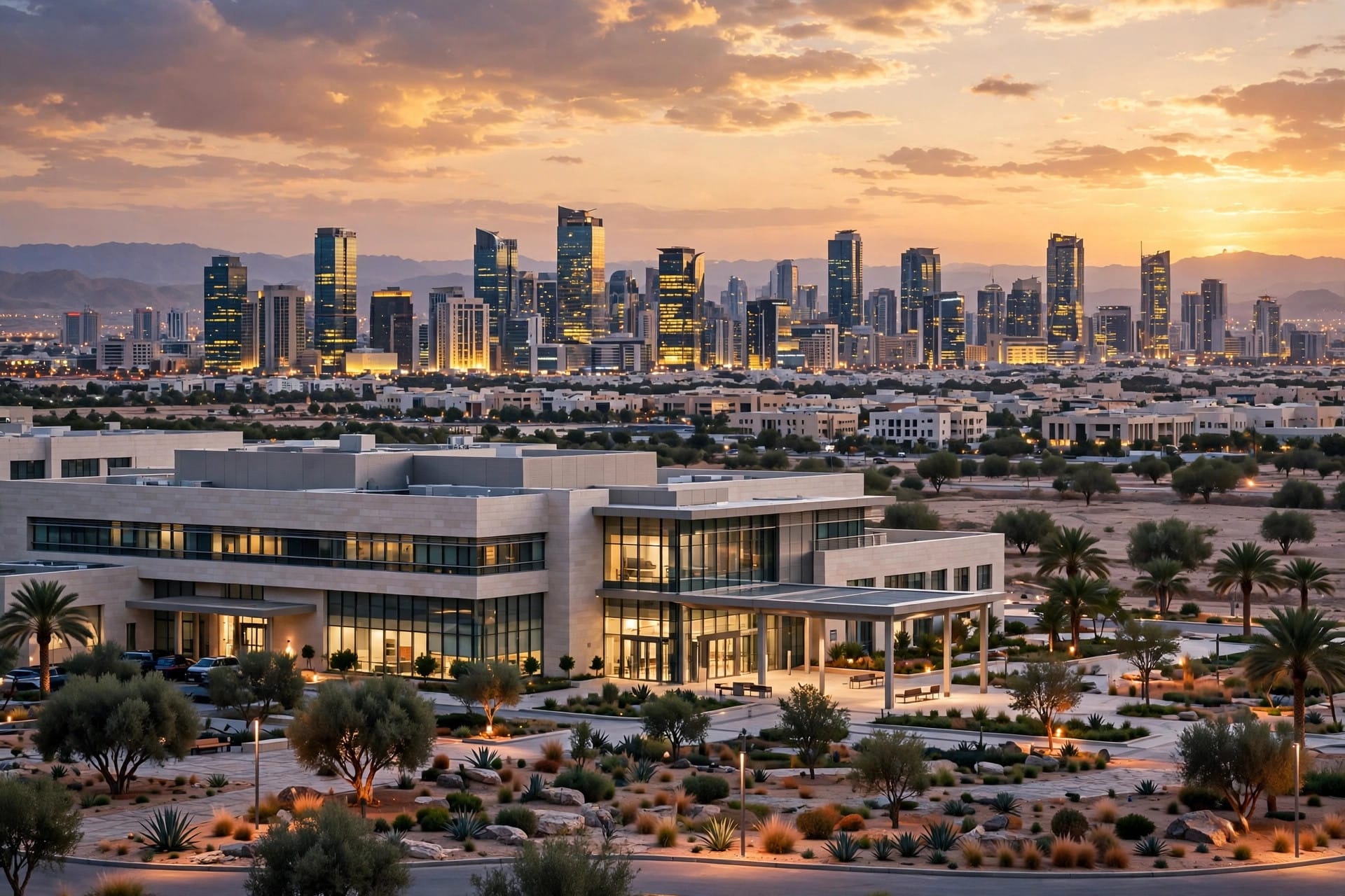Modern hospital building in a city skyline