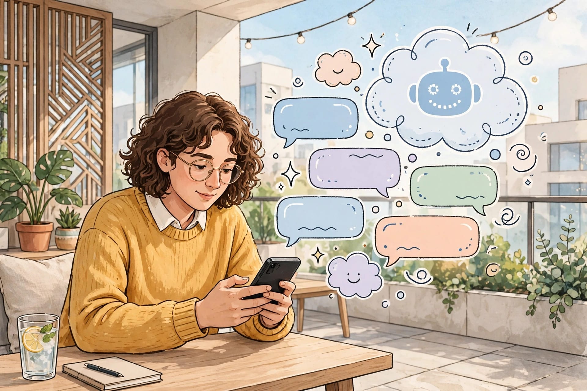 Person holding a smartphone and typing a message to an AI assistant