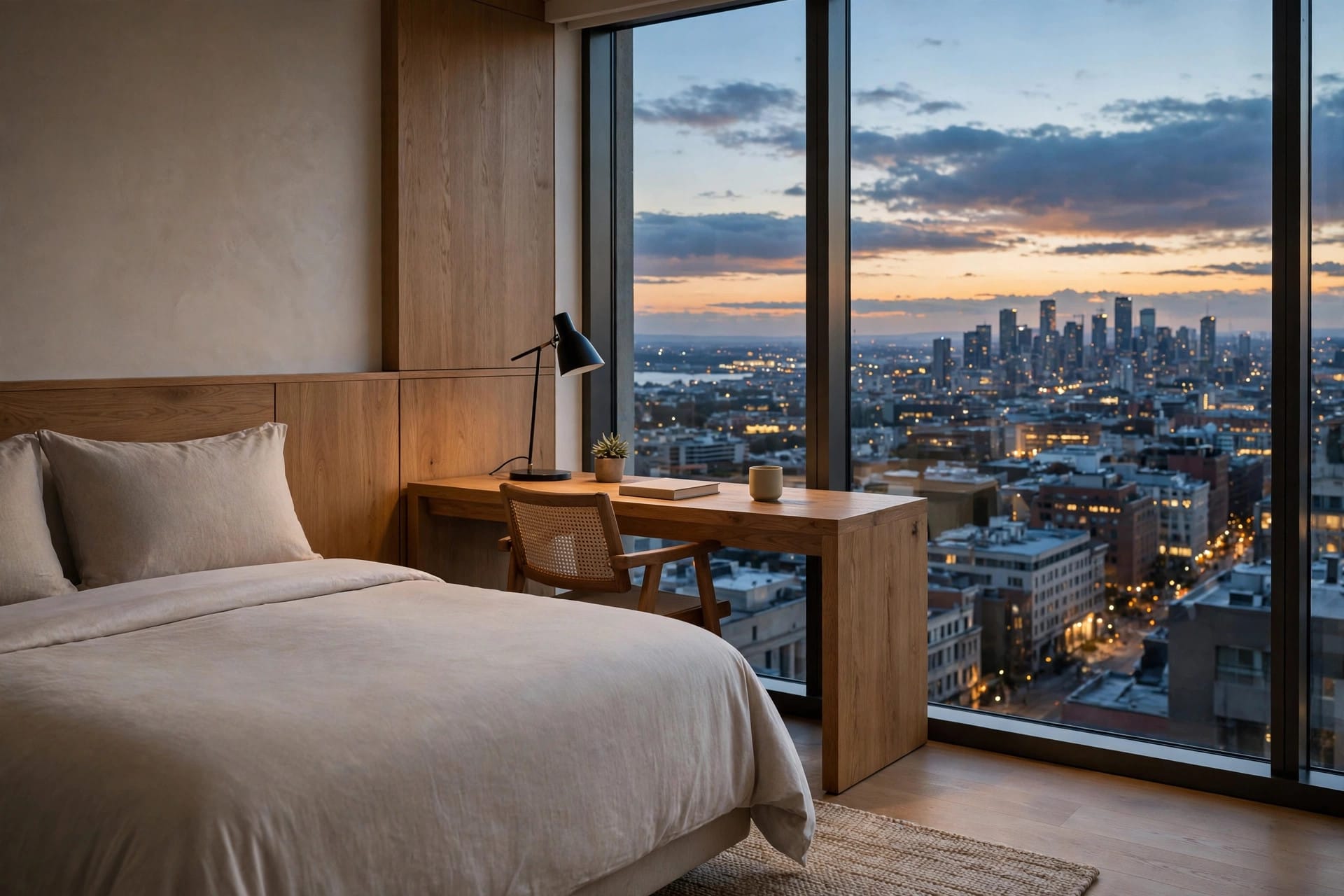 A calm hotel room interior with a made bed and a window view over a city at dusk