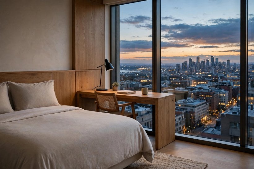 A calm hotel room interior with a made bed and a window view over a city at dusk