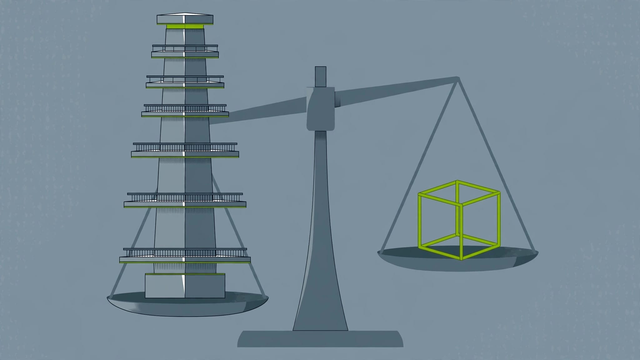 Doubao and DeepSeek strategies weighed as a platform tower balanced against a small open cube