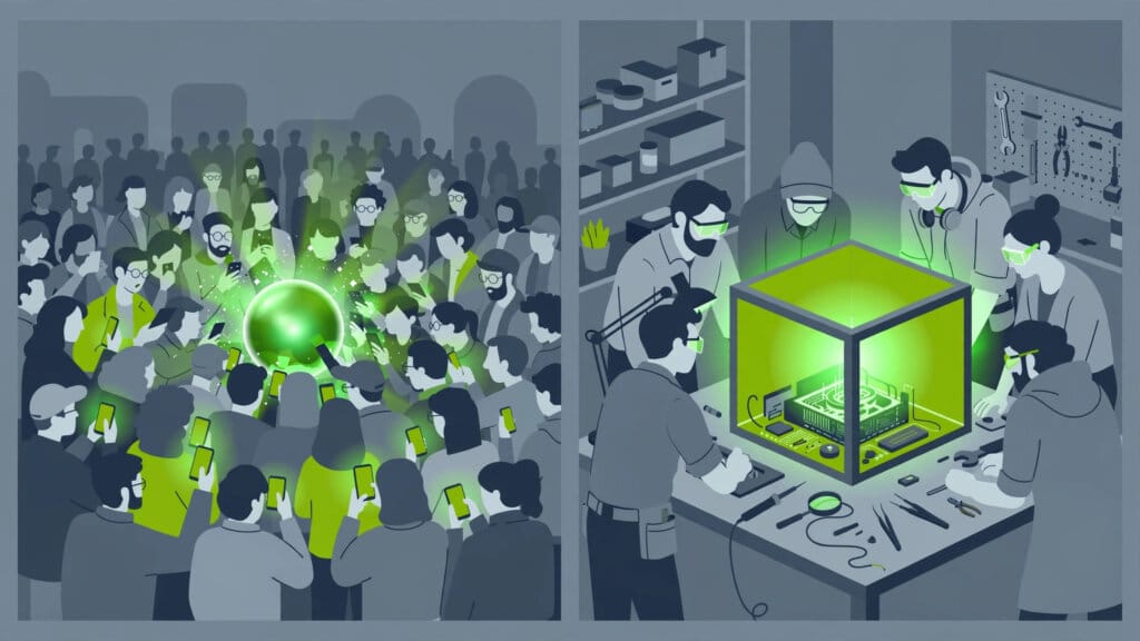 Doubao versus DeepSeek illustrated as a crowd around an assistant orb facing engineers around an open cube