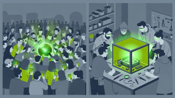 Doubao versus DeepSeek illustrated as a crowd around an assistant orb facing engineers around an open cube