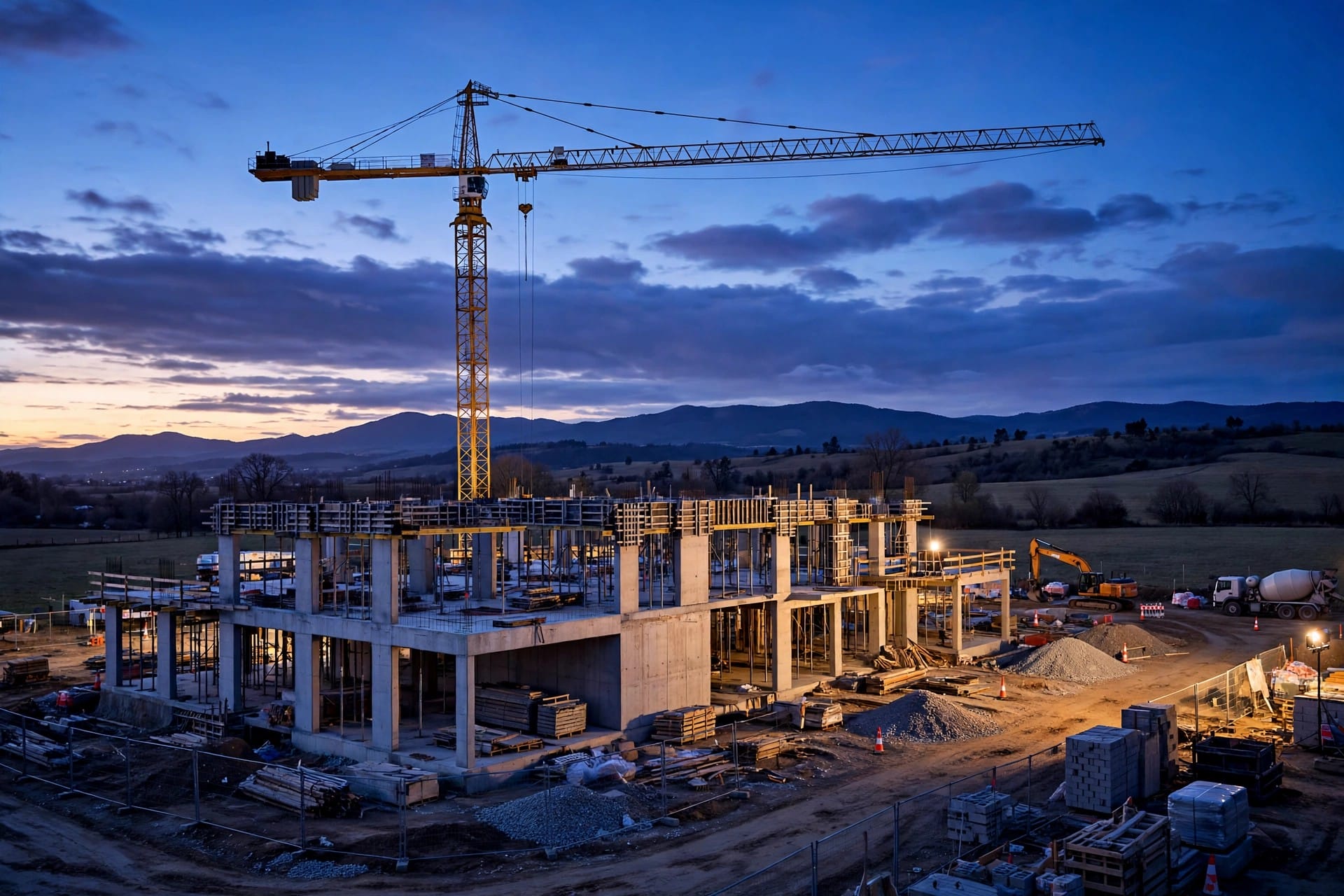 Construction site at dusk with a crane and a partially built concrete structure