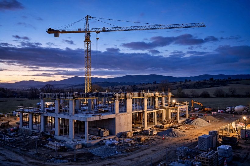 Construction site at dusk with a crane and a partially built concrete structure