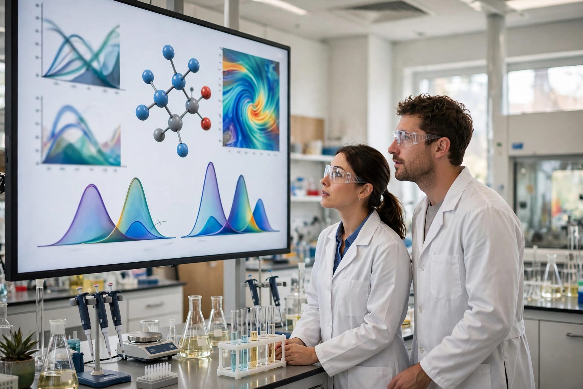 Scientists reviewing chemistry experiment results on a large screen in a laboratory