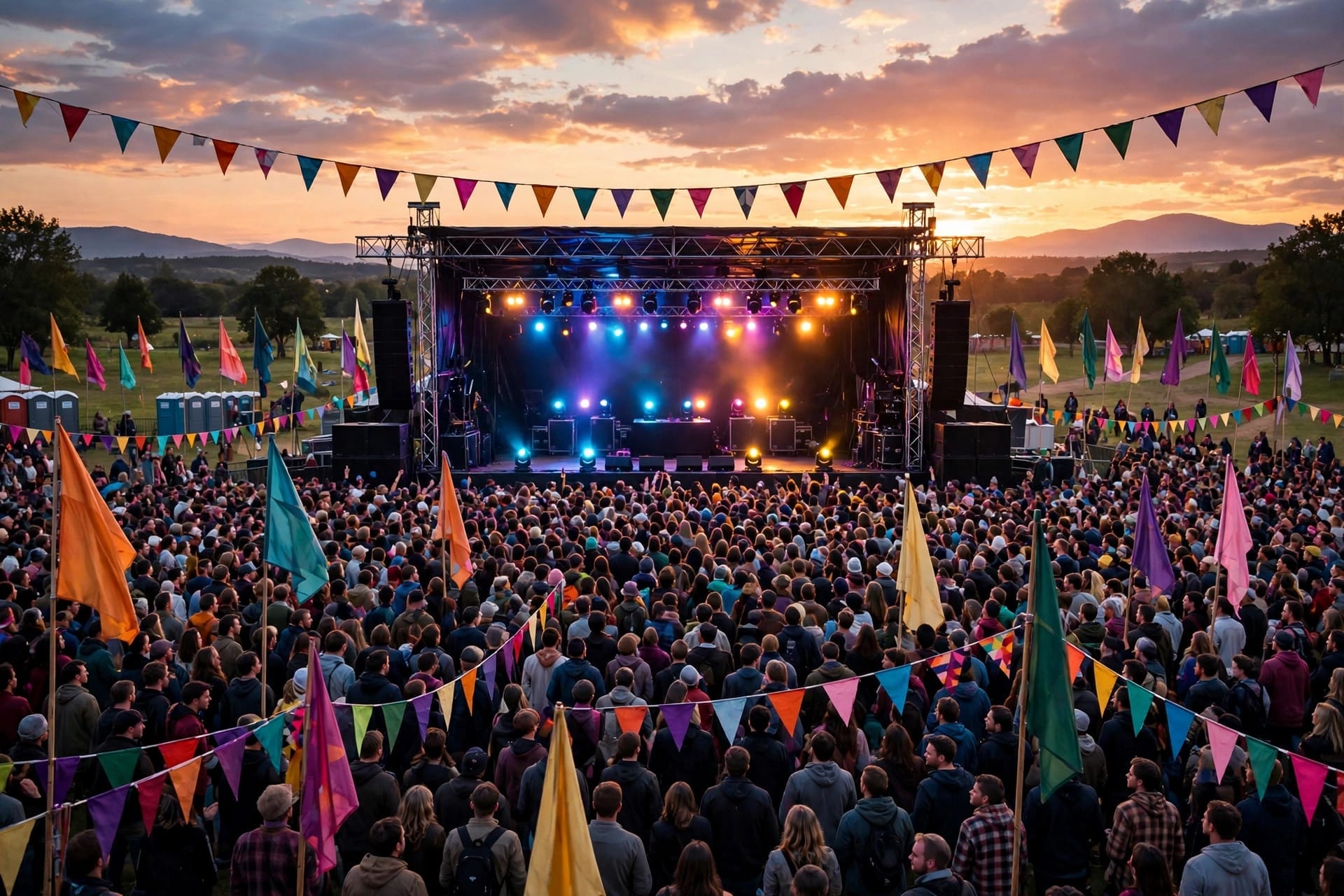 A large outdoor music festival crowd in front of a stage at sunset with colorful lights