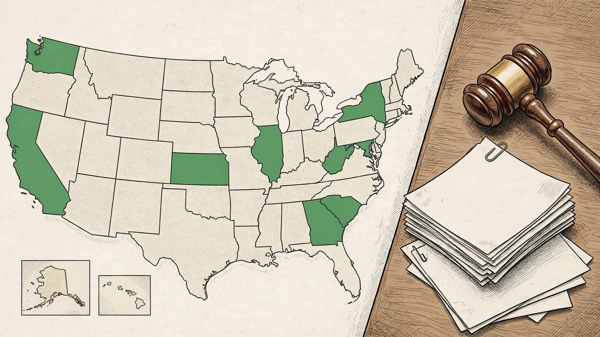 Map of the United States with the eight states suing OpenAI highlighted, beside a judge's gavel
