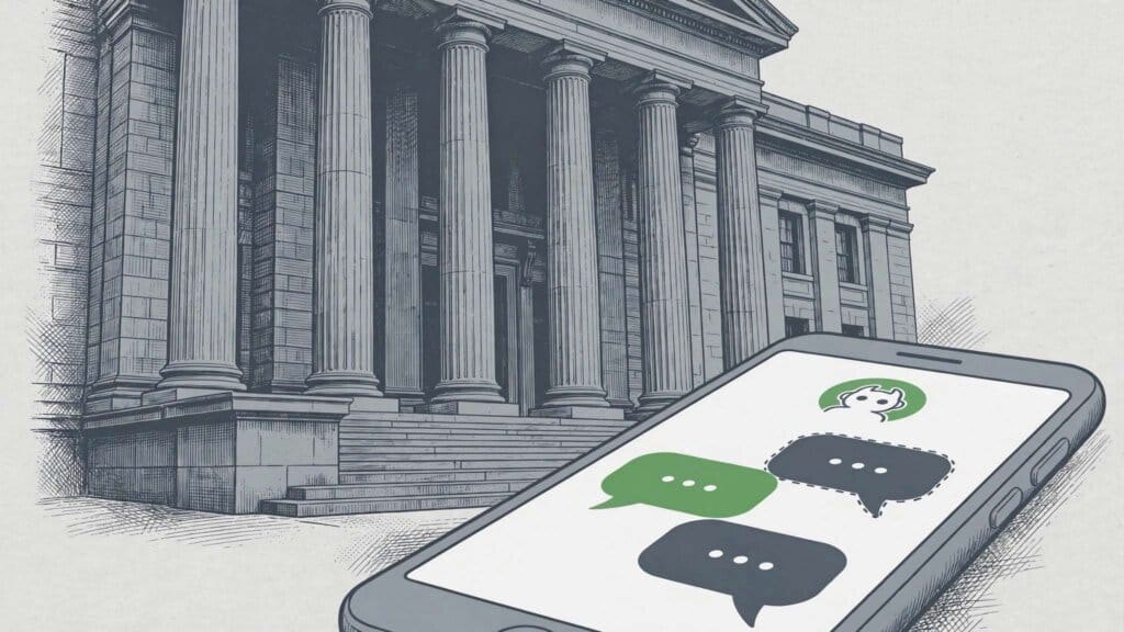 Courthouse columns with a smartphone showing a chatbot interface, illustrating the state lawsuits against OpenAI