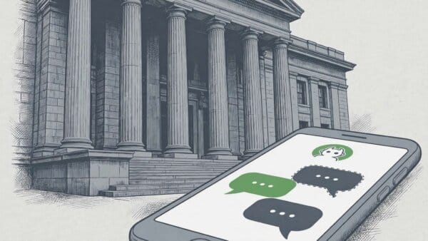 Courthouse columns with a smartphone showing a chatbot interface, illustrating the state lawsuits against OpenAI