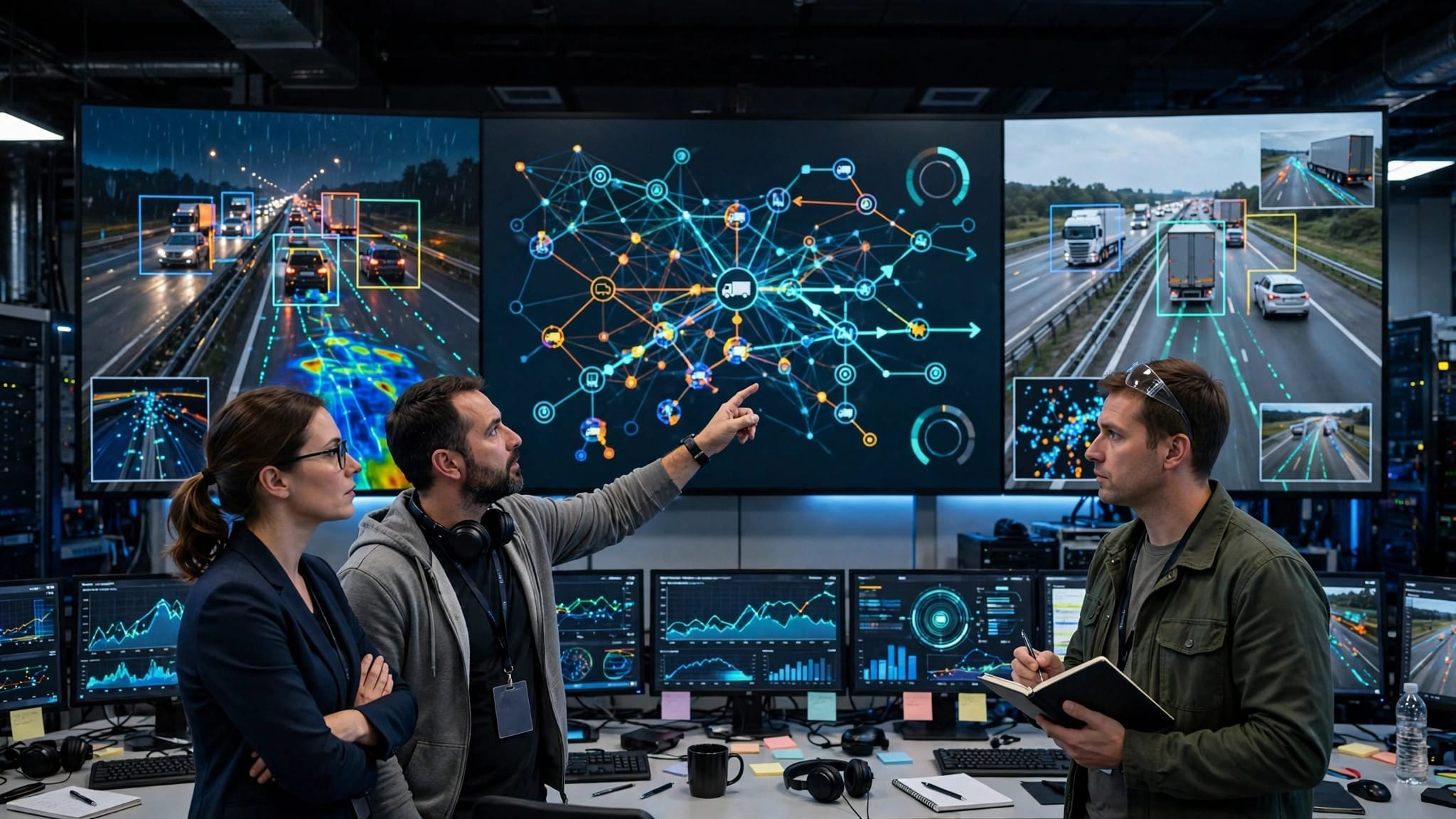Engineers comparing Alpamayo shadow-mode decisions against human drivers in an autonomous freight control room