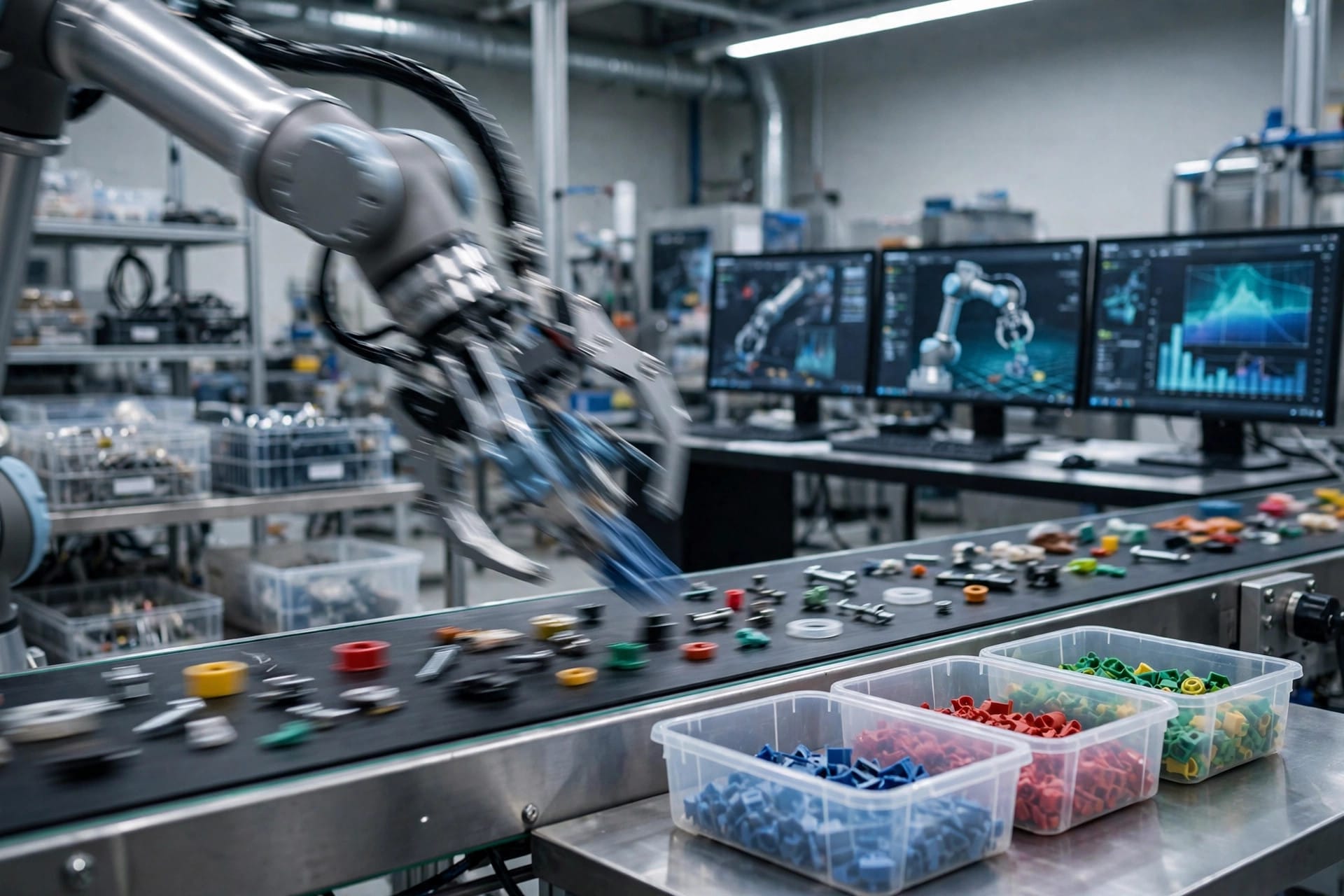 Eka Robotics gripper sorting varied objects into containers on a factory pilot conveyor line