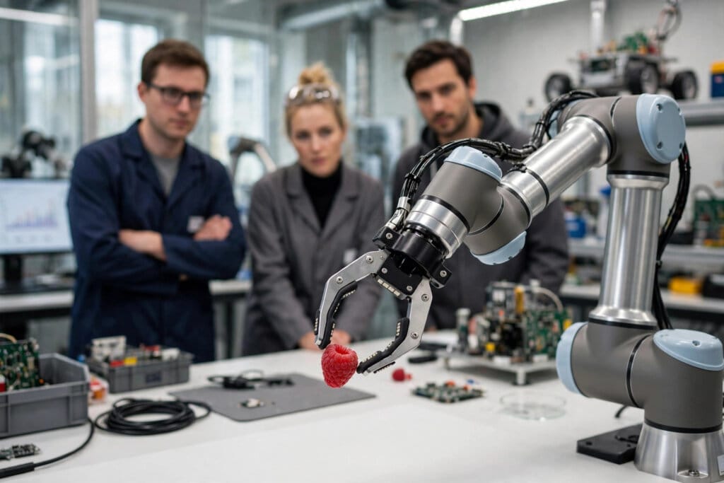 Eka Robotics force-sensitive gripper gently picking up a raspberry in a robotics laboratory