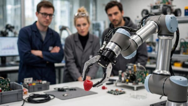 Eka Robotics force-sensitive gripper gently picking up a raspberry in a robotics laboratory