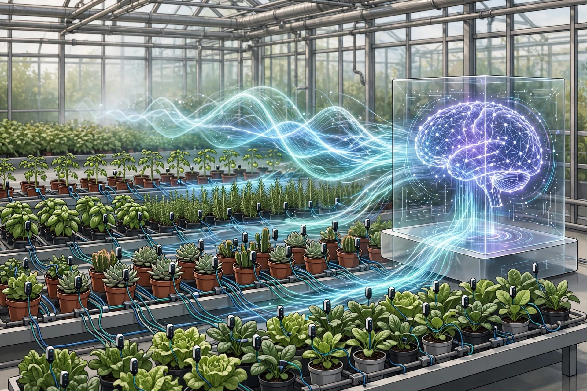 Many plant species wired with sensors in a greenhouse feeding one Bombadil AI model at Electric Plant