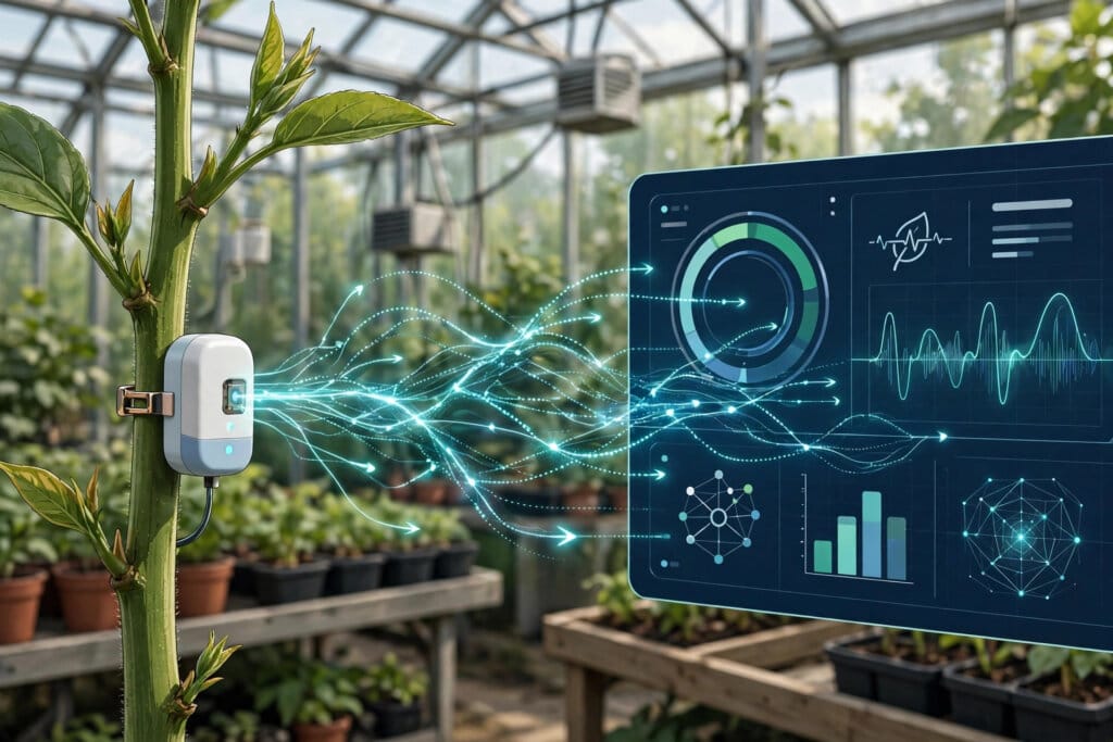 Bud sensor on a plant stem feeding electrical signals to the Bombadil foundation model