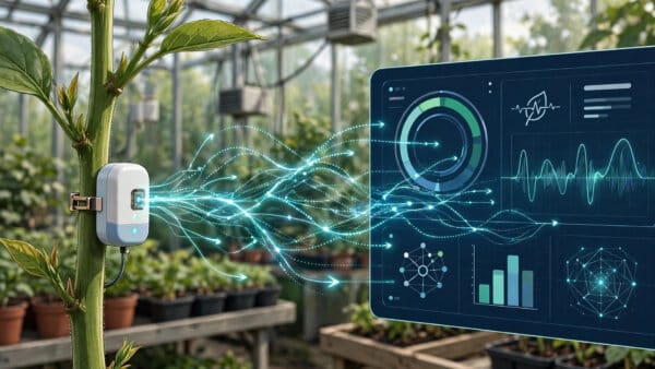 Bud sensor on a plant stem feeding electrical signals to the Bombadil foundation model
