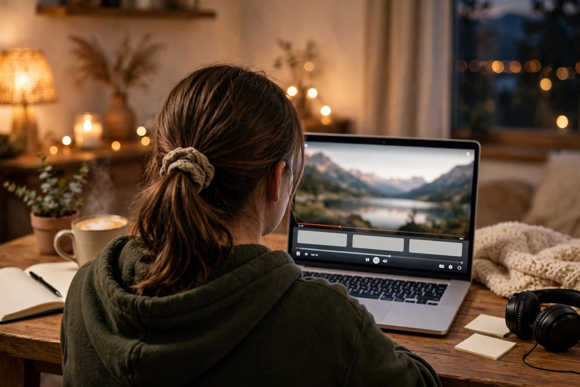 A viewer watching a captioned video on a laptop, with blank, abstract caption bars on screen