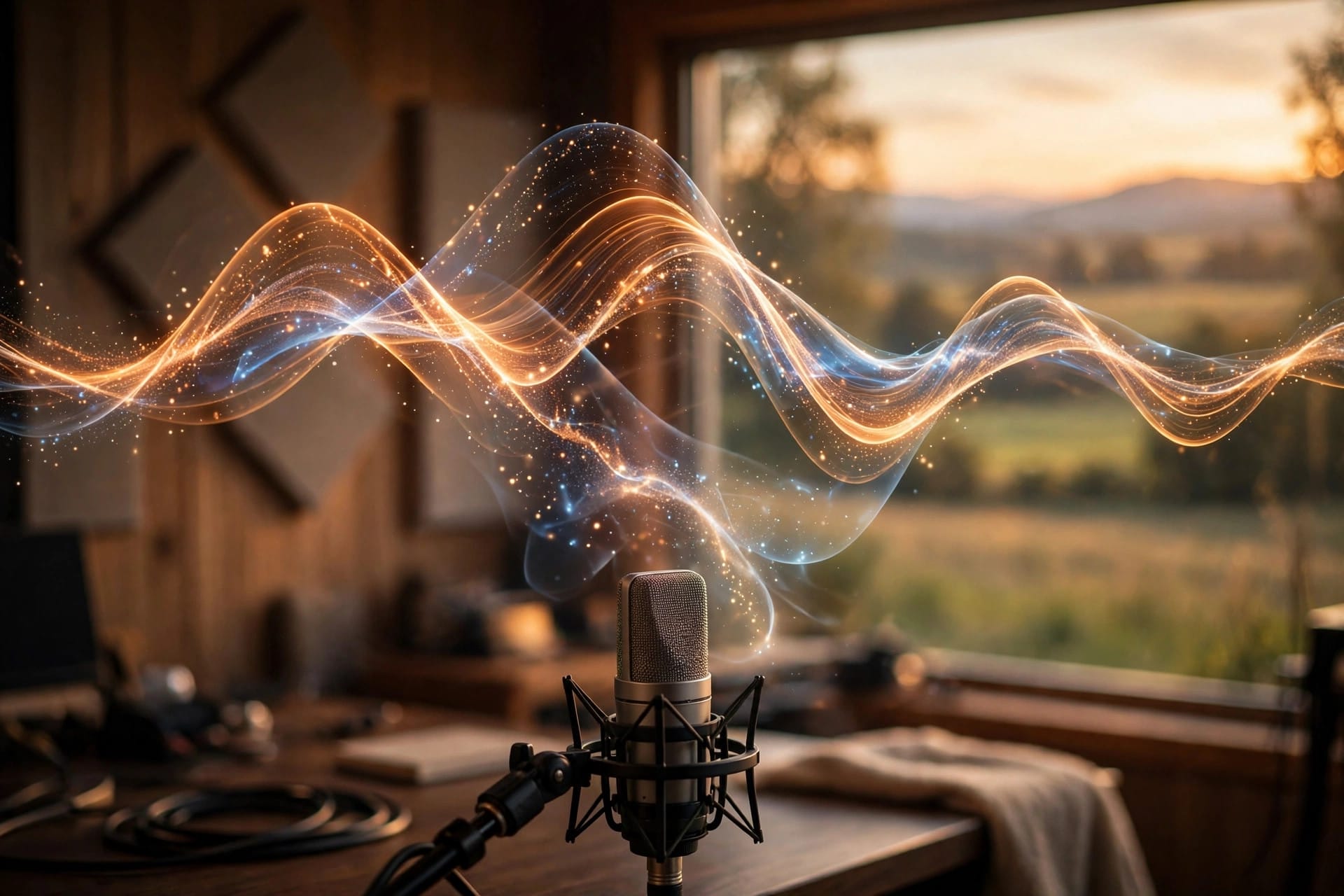 An abstract audio waveform flowing above a studio microphone in a recording studio