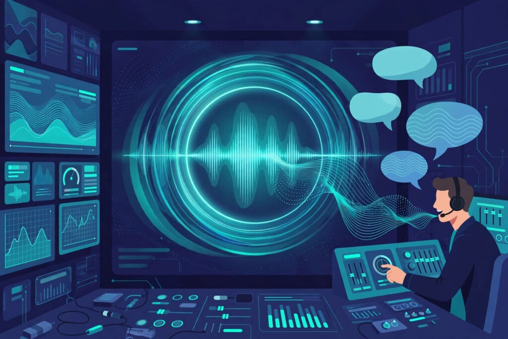 ElevenLabs ElevenAgents Architect dashboard with a glowing voice waveform as a team builds a voice agent by conversation