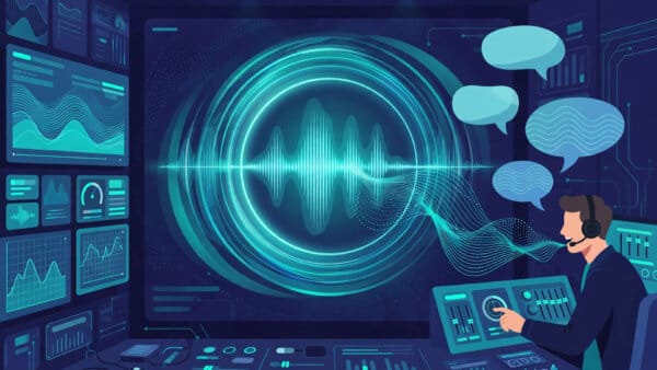 ElevenLabs ElevenAgents Architect dashboard with a glowing voice waveform as a team builds a voice agent by conversation