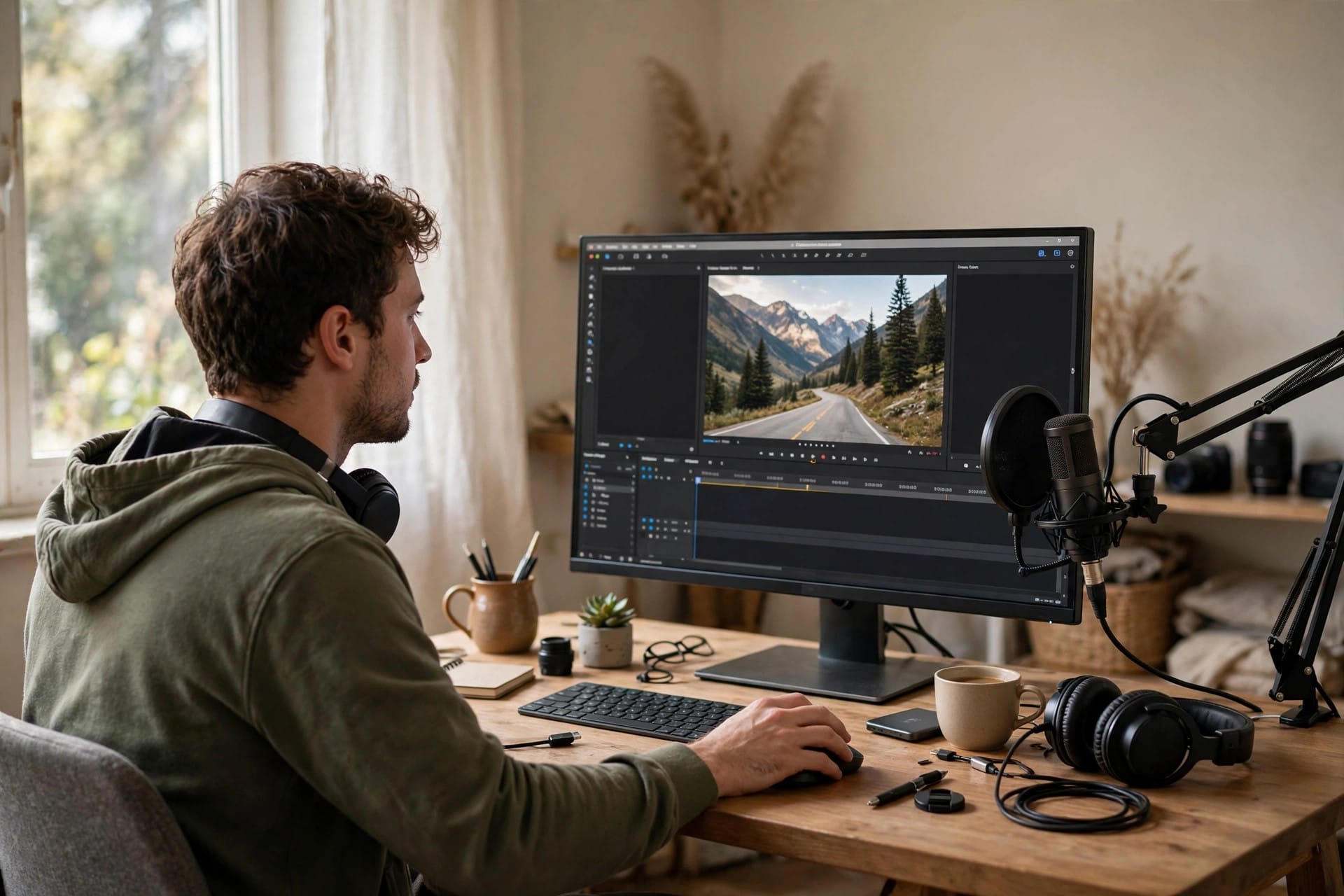 A creator at a desk editing a mountain road video on a monitor, with headphones and a studio microphone nearby
