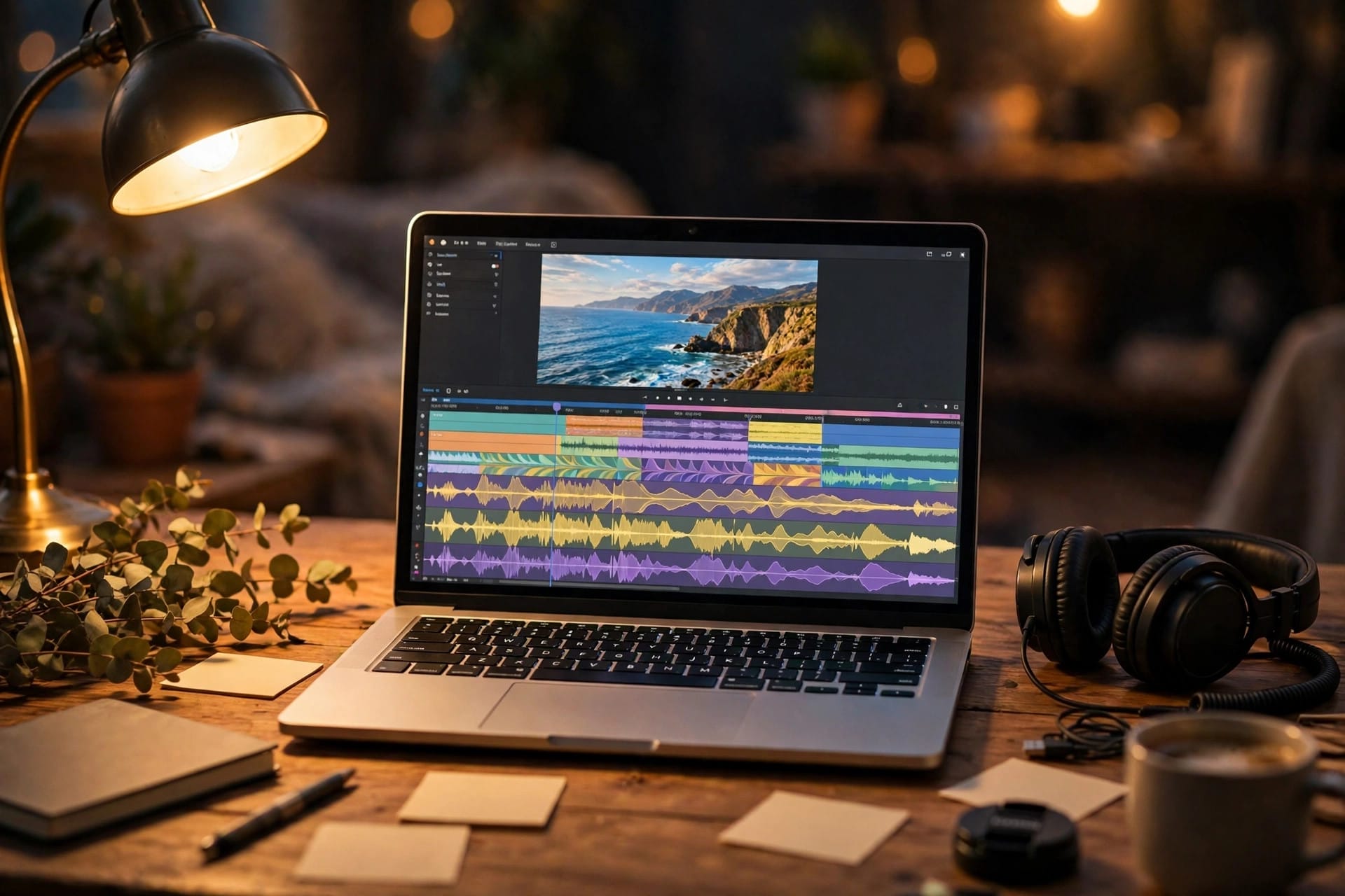 A laptop showing a video editing timeline with layered audio waveforms beneath a coastal video clip, with headphones beside it