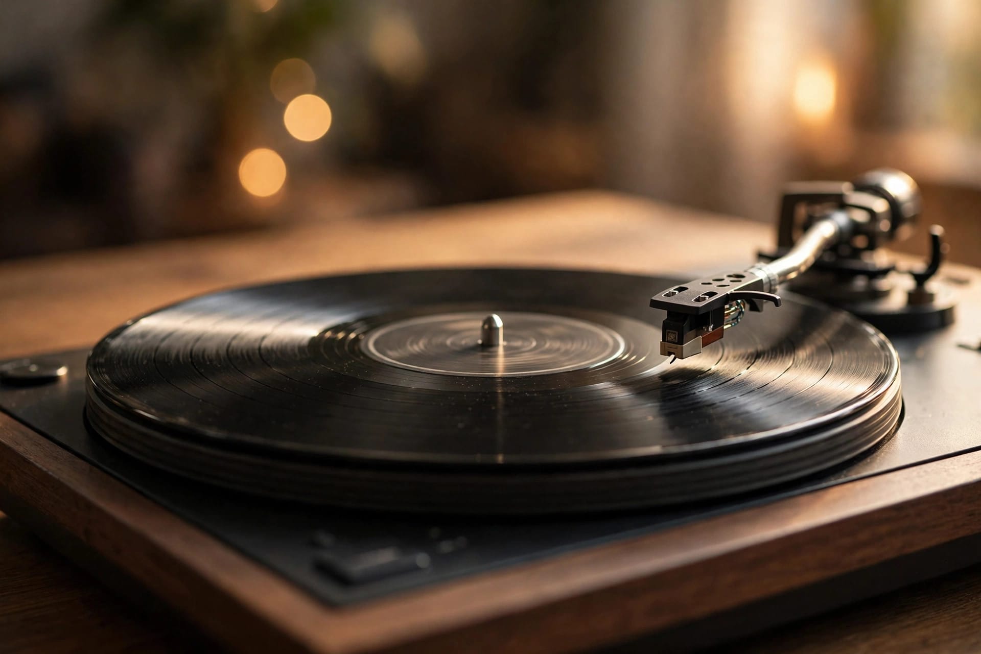 A vinyl record on a turntable in warm light
