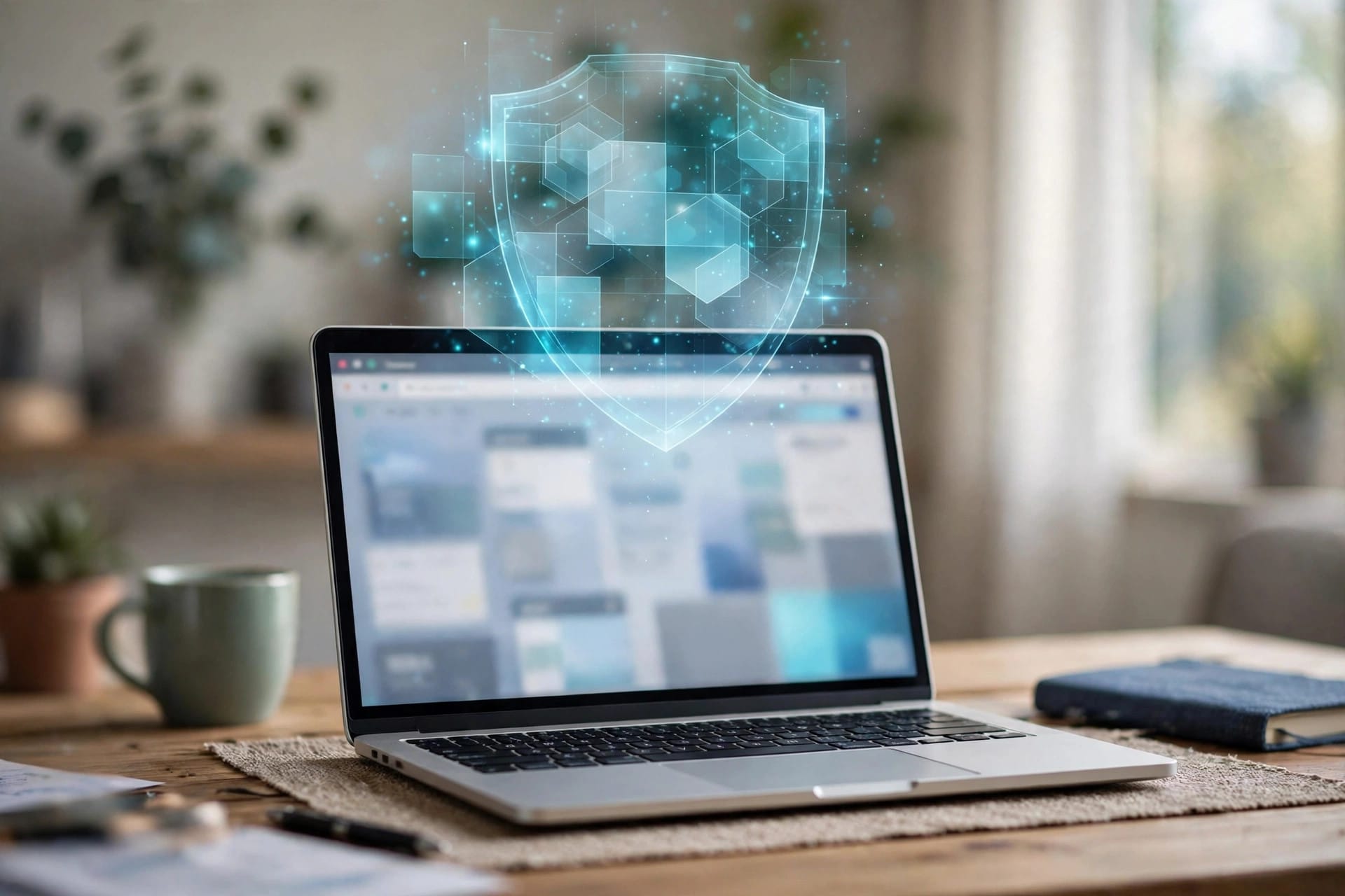 A laptop with a browser window and a shield graphic above the screen