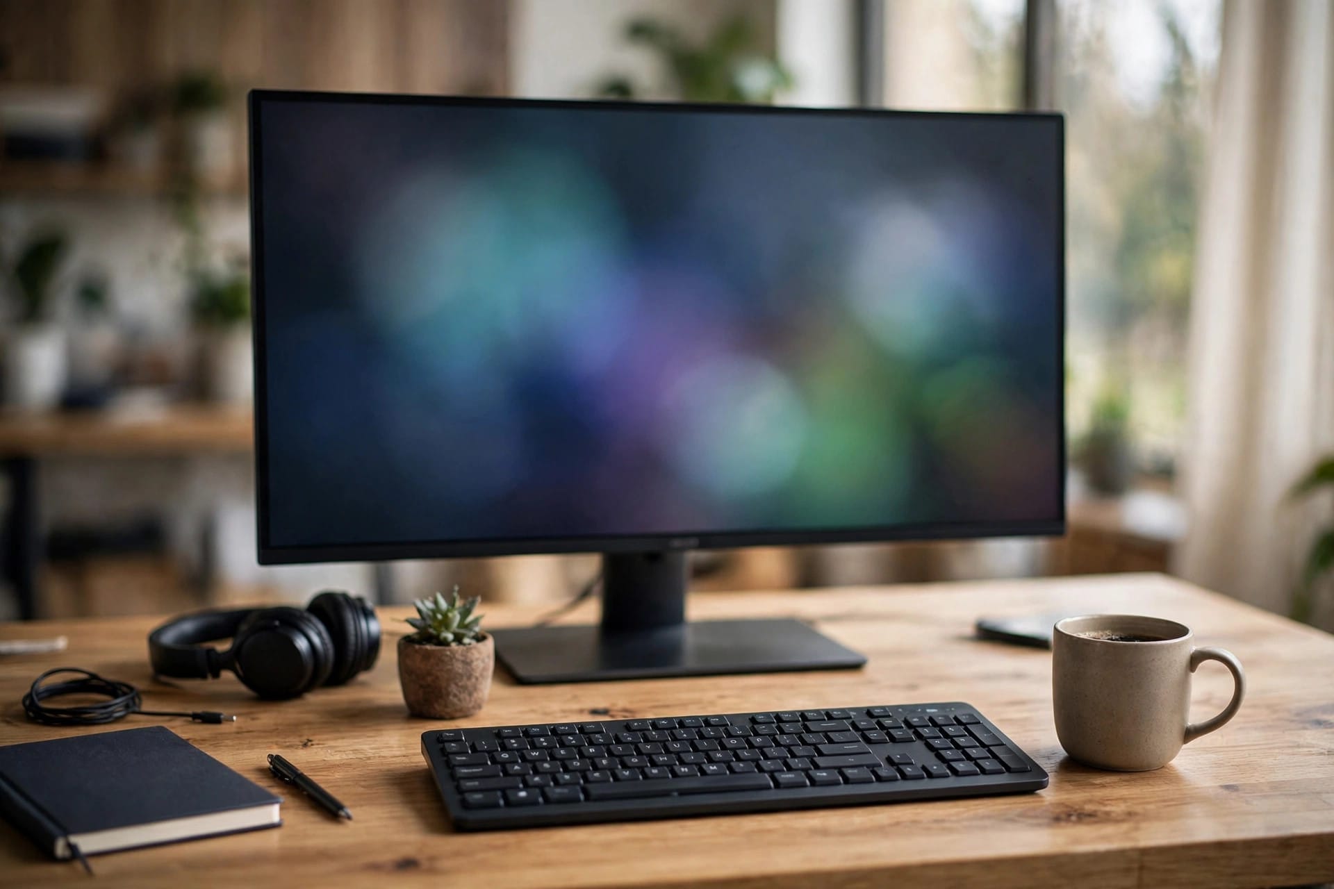 Developer workstation with a monitor, keyboard, headphones and coffee on a wooden desk