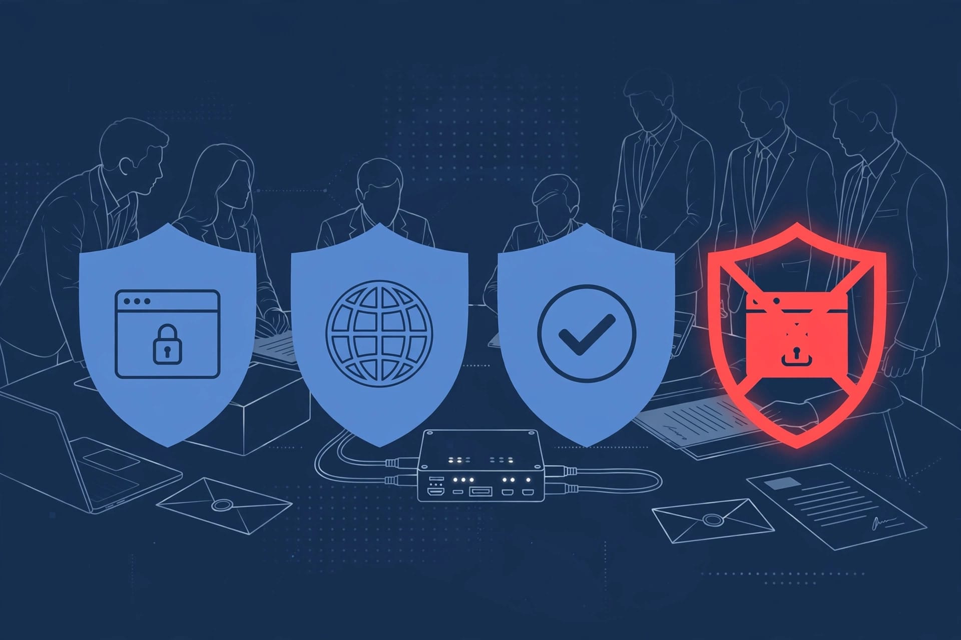 Browser shields with one crossed out, illustrating Chrome Firefox Apple and Microsoft blocking eMudhra compromised CA certificates