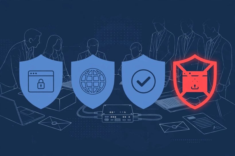 Browser shields with one crossed out, illustrating Chrome Firefox Apple and Microsoft blocking eMudhra compromised CA certificates