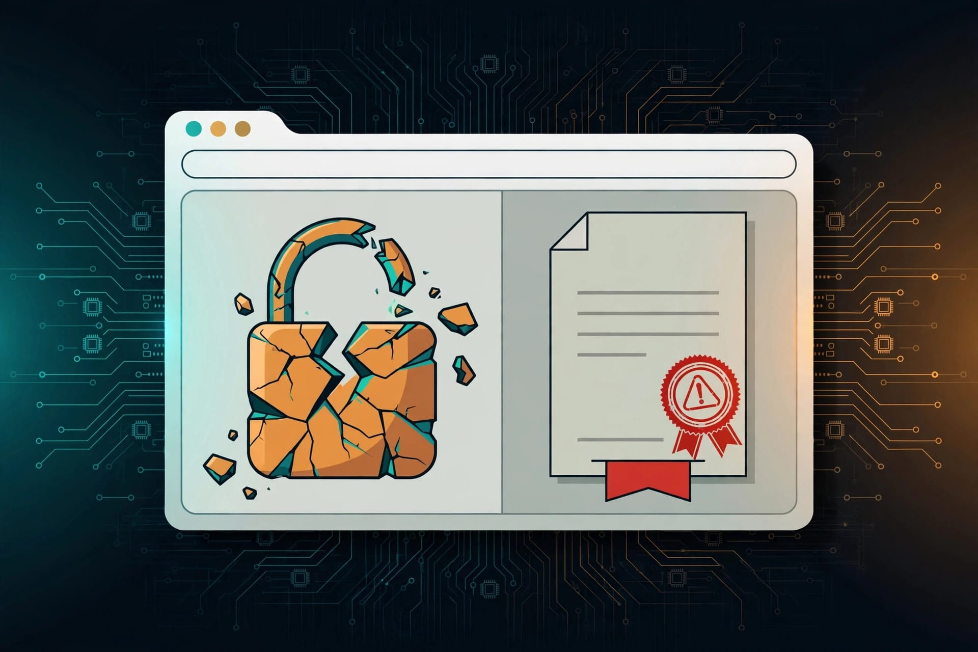 Broken digital padlock and certificate with a warning seal, illustrating the distrust of eMudhra emSign certificate authority keys