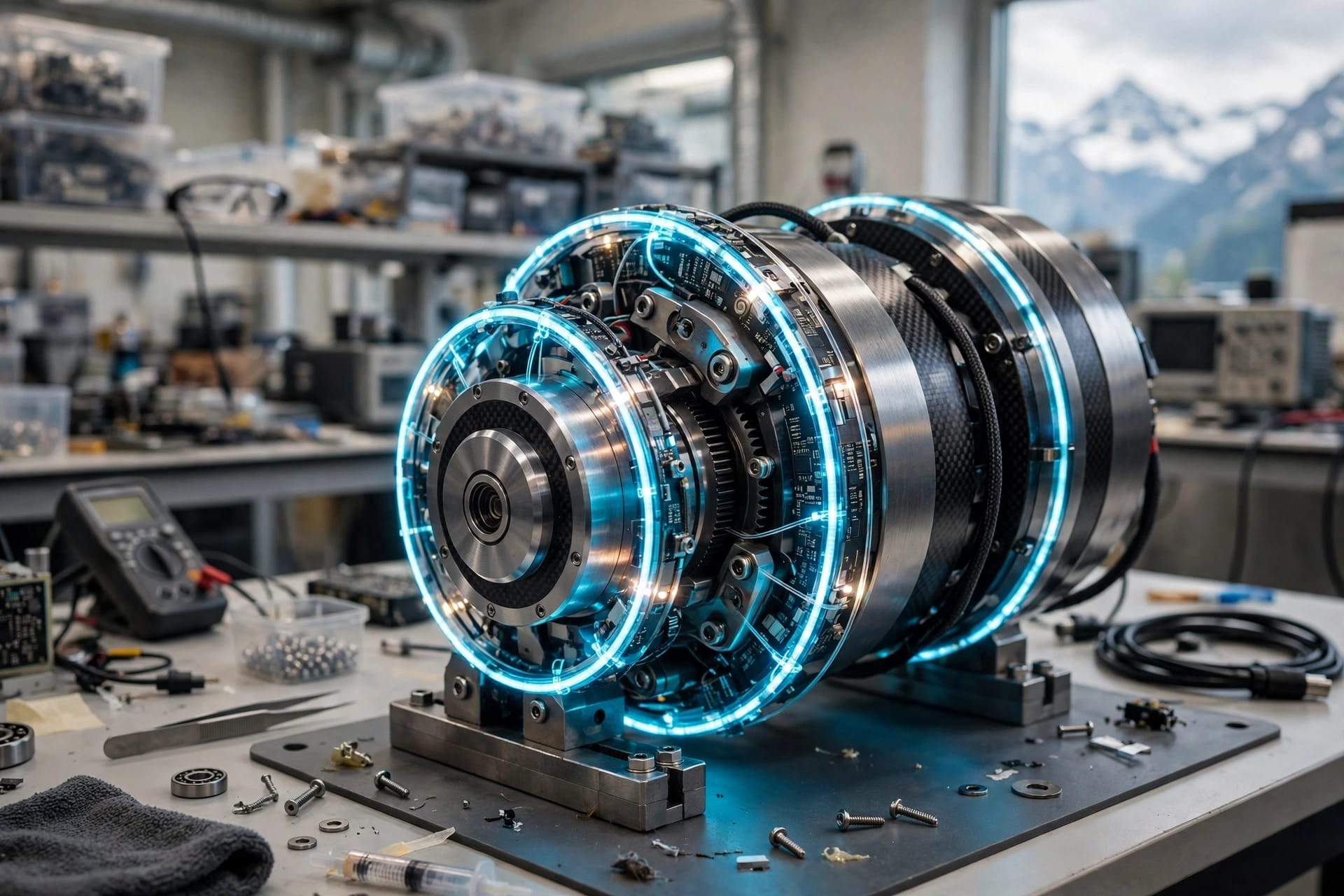 Enact Intelligence force-sensing robot joint motor with haptic sensor rings on a lab workbench