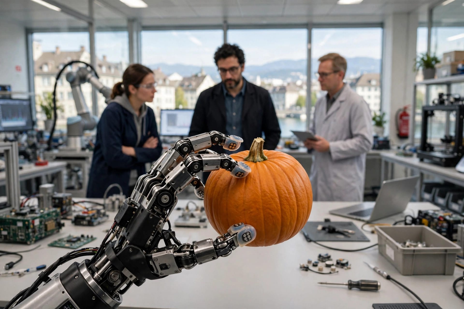 Dexterous robotic hand with force-sensing fingertips lifting a pumpkin in the Enact Intelligence Zurich laboratory