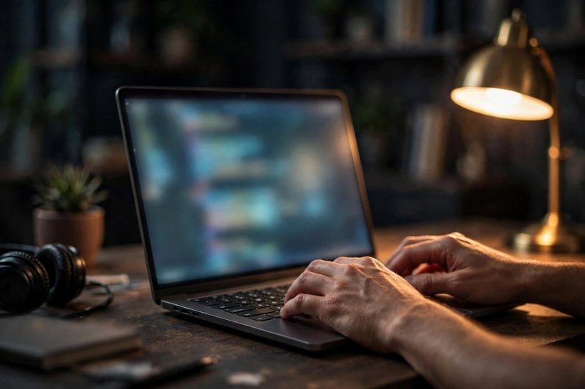 Hands typing code on a laptop in a dim workspace, representing agent-written code awaiting review