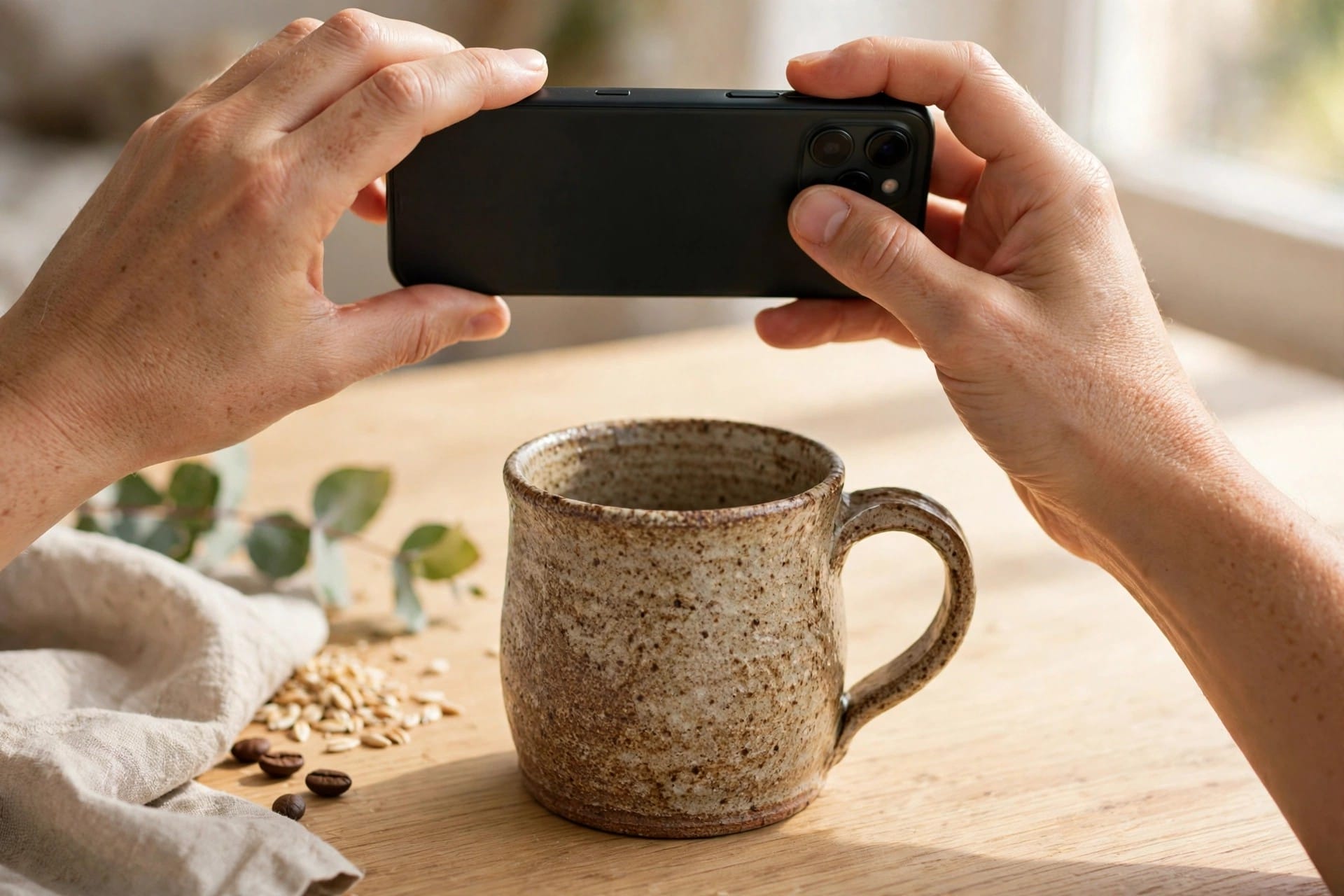 Hands photographing a handmade ceramic mug with a smartphone