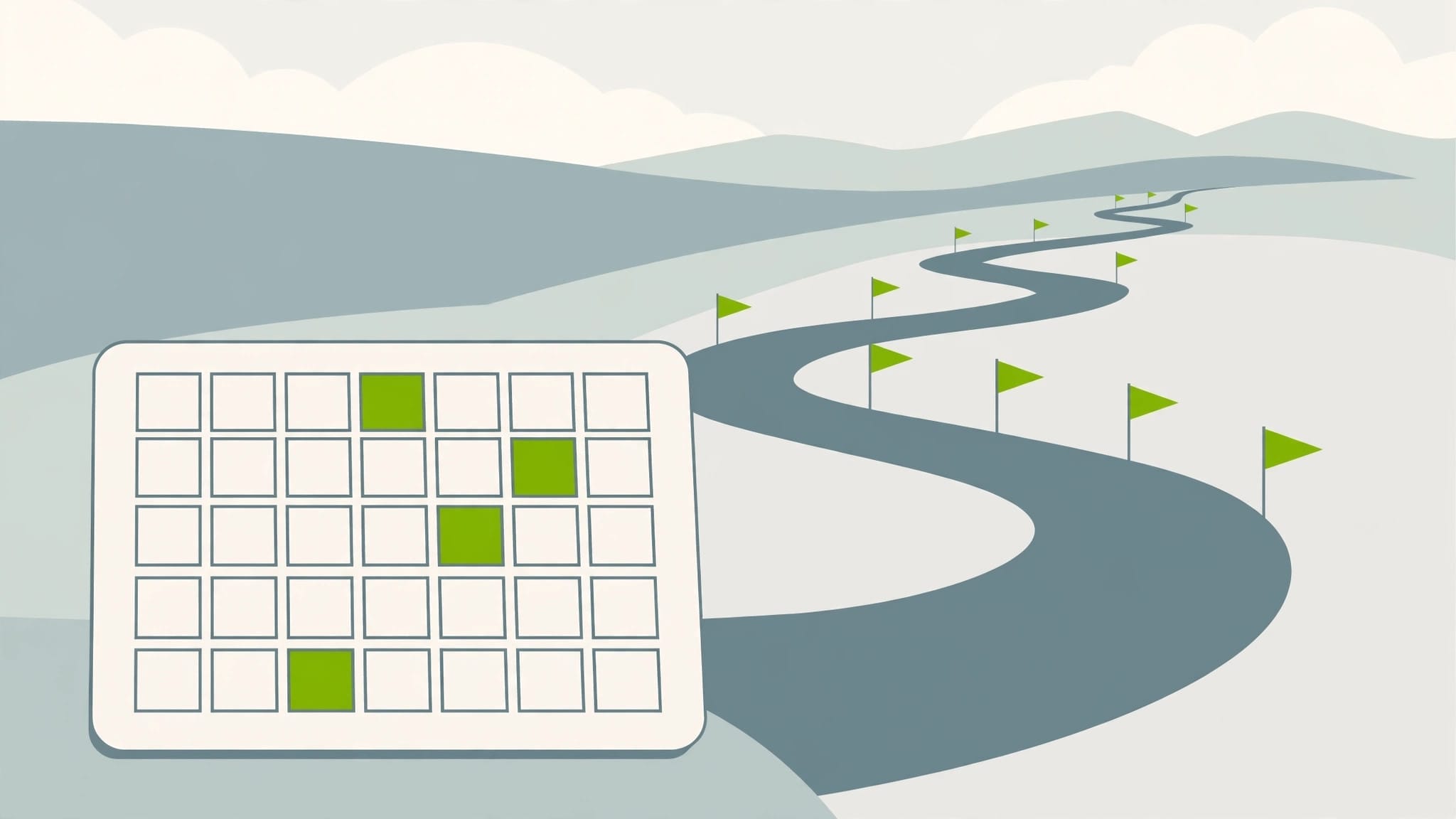 Illustration of a winding road with milestone flags and a calendar, representing the EU AI Act's staged deadlines