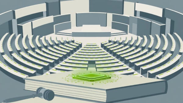 Illustration of a parliament chamber with a gavel and an AI chip on a rule book, representing the EU AI Act