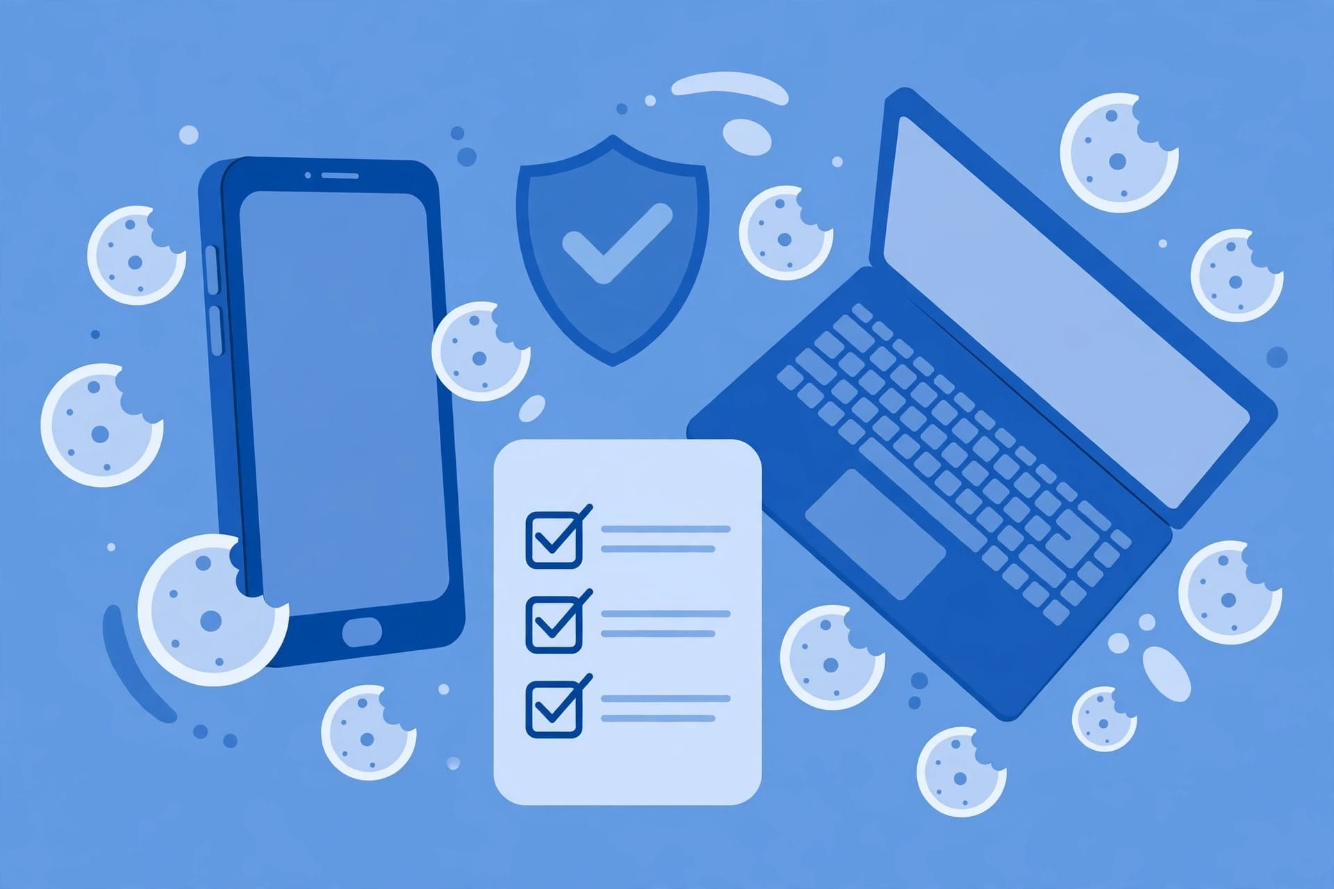 Smartphone and laptop with cookie consent shapes and a privacy shield, illustrating the Digital Omnibus GDPR and ePrivacy simplification