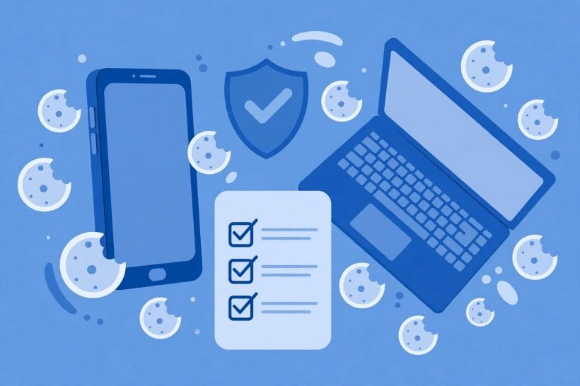 Smartphone and laptop with cookie consent shapes and a privacy shield, illustrating the Digital Omnibus GDPR and ePrivacy simplification